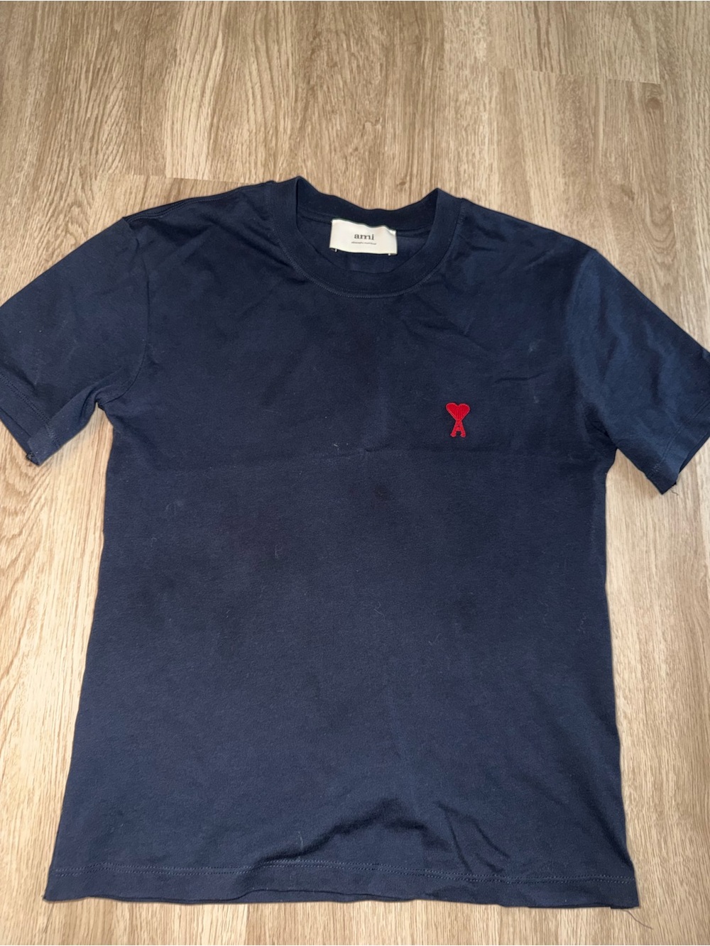 Ami Paris Navy Short-Sleeve Tee with Red Heart Emblem